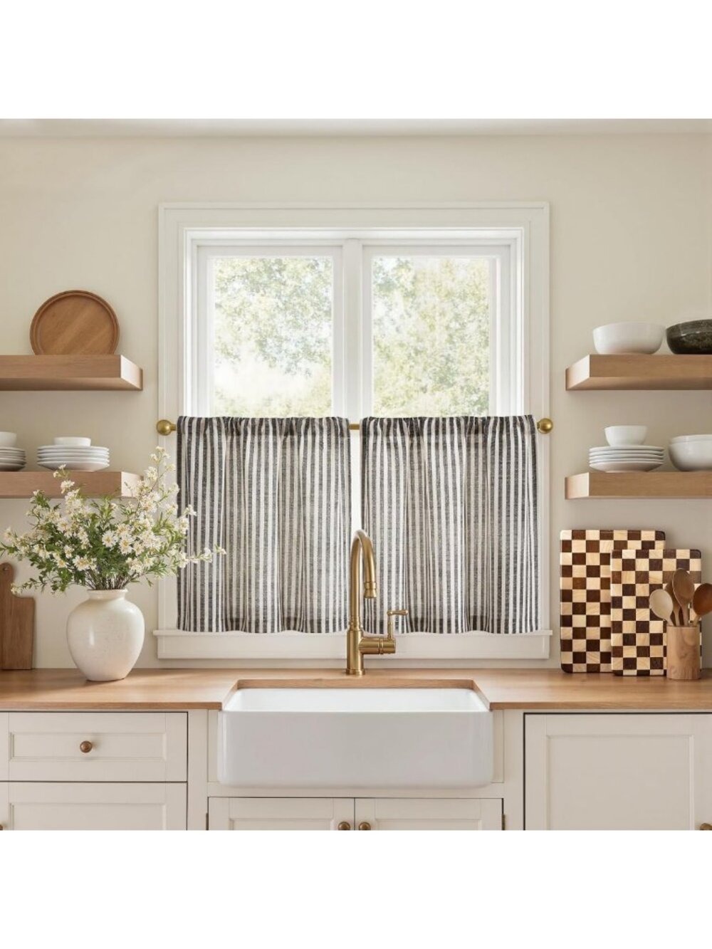 Striped Linen Kitchen Tier Curtains, 20 Inch, Jet Black, 2 Panels - Stylish Home